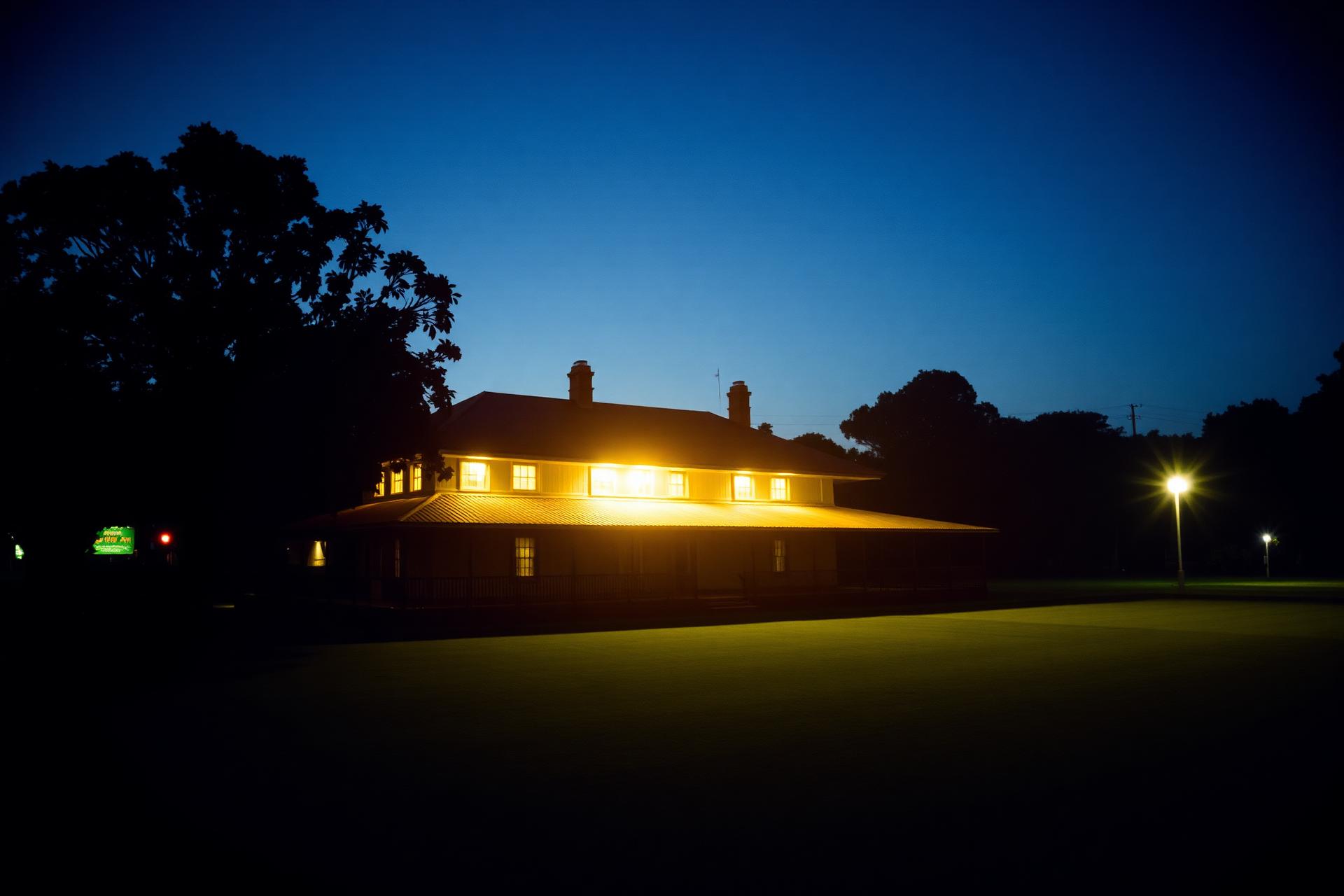 New Farm Bowls Club clubhouse at dusk